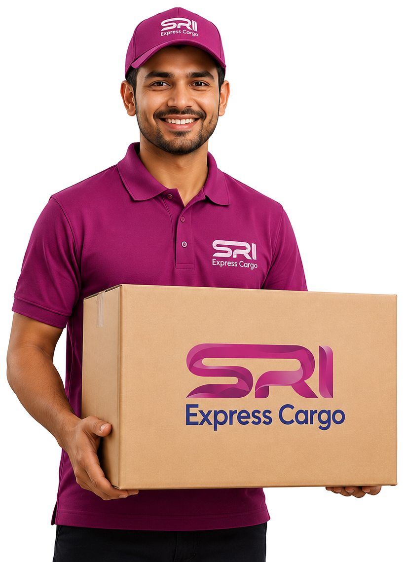 SRI Express Cargo courier holding a branded parcel